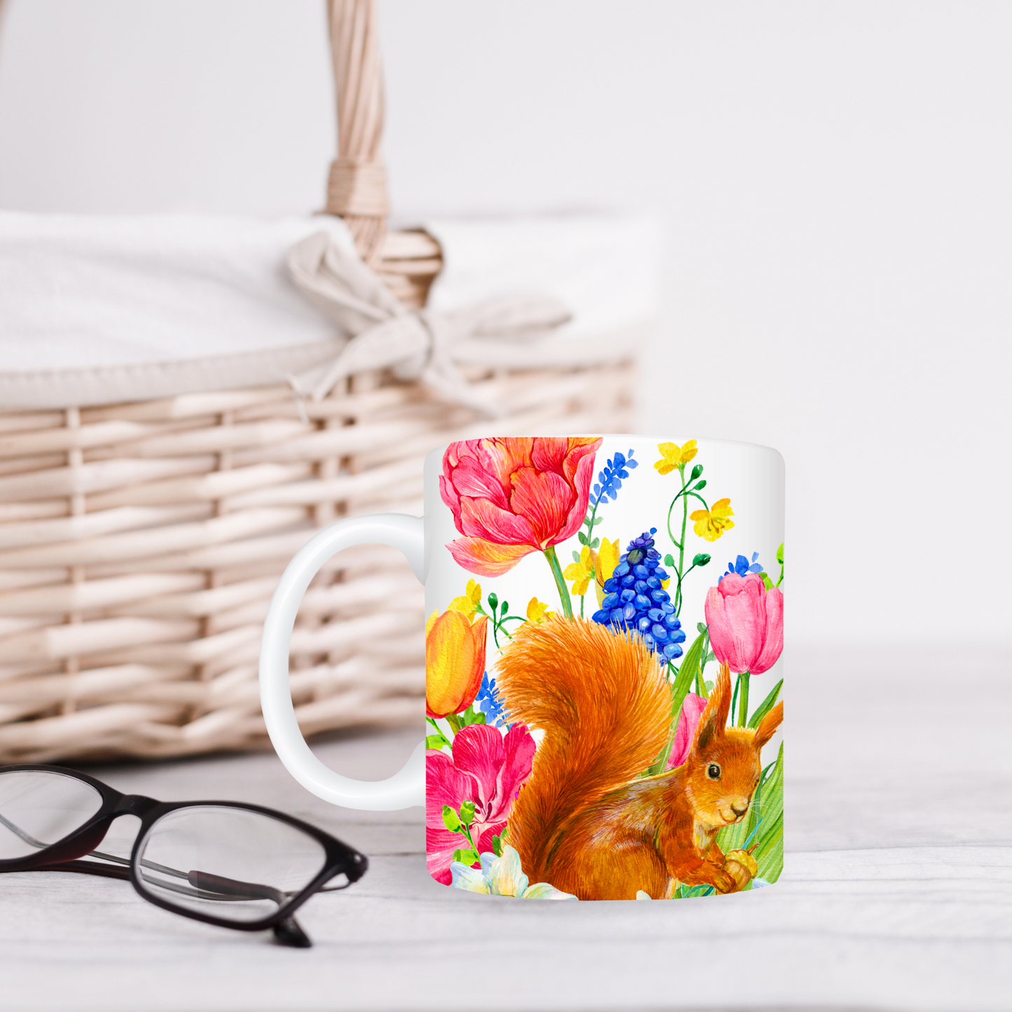 Squirrel in Tulip Garden Mug - 15oz