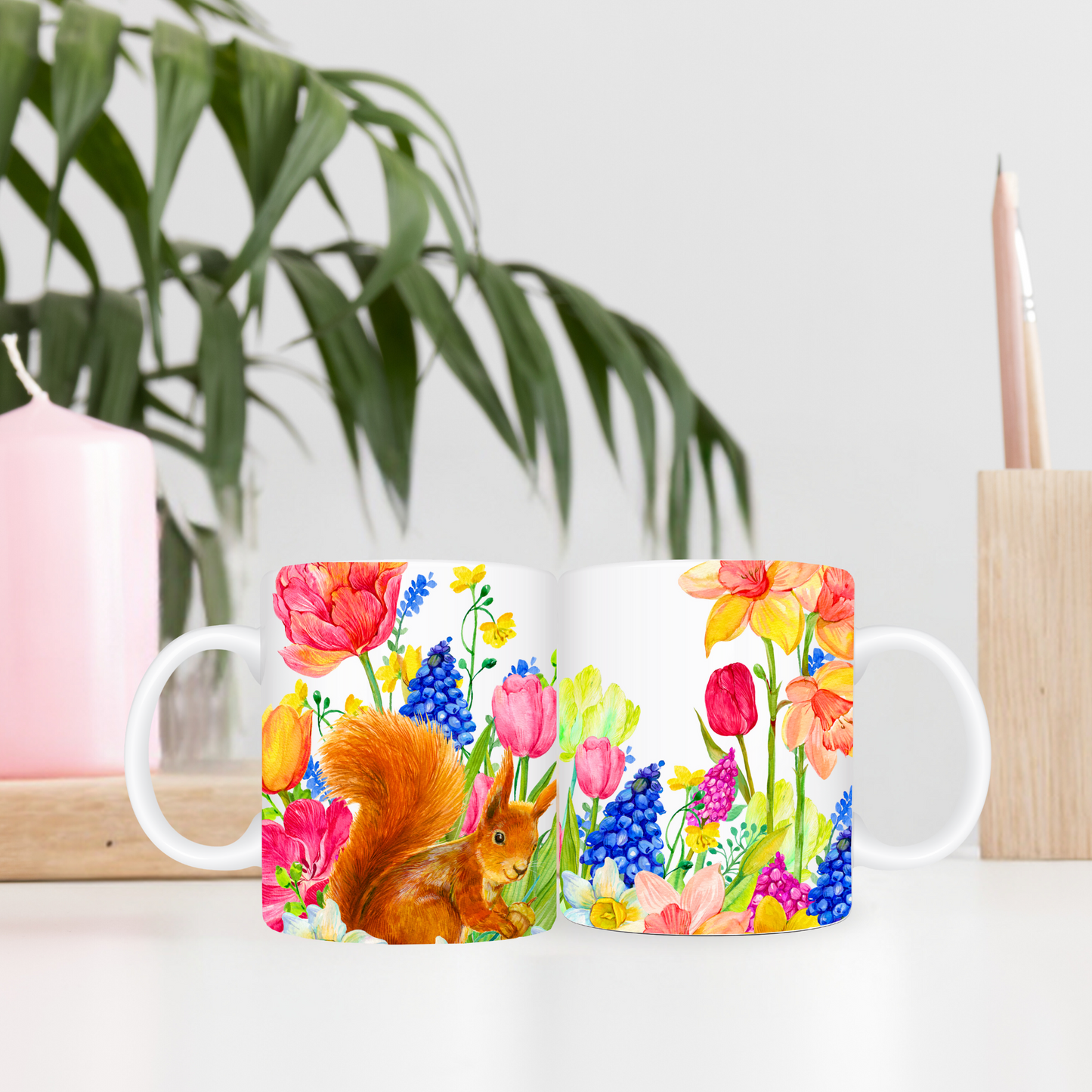 Squirrel in Tulip Garden Mug - 15oz