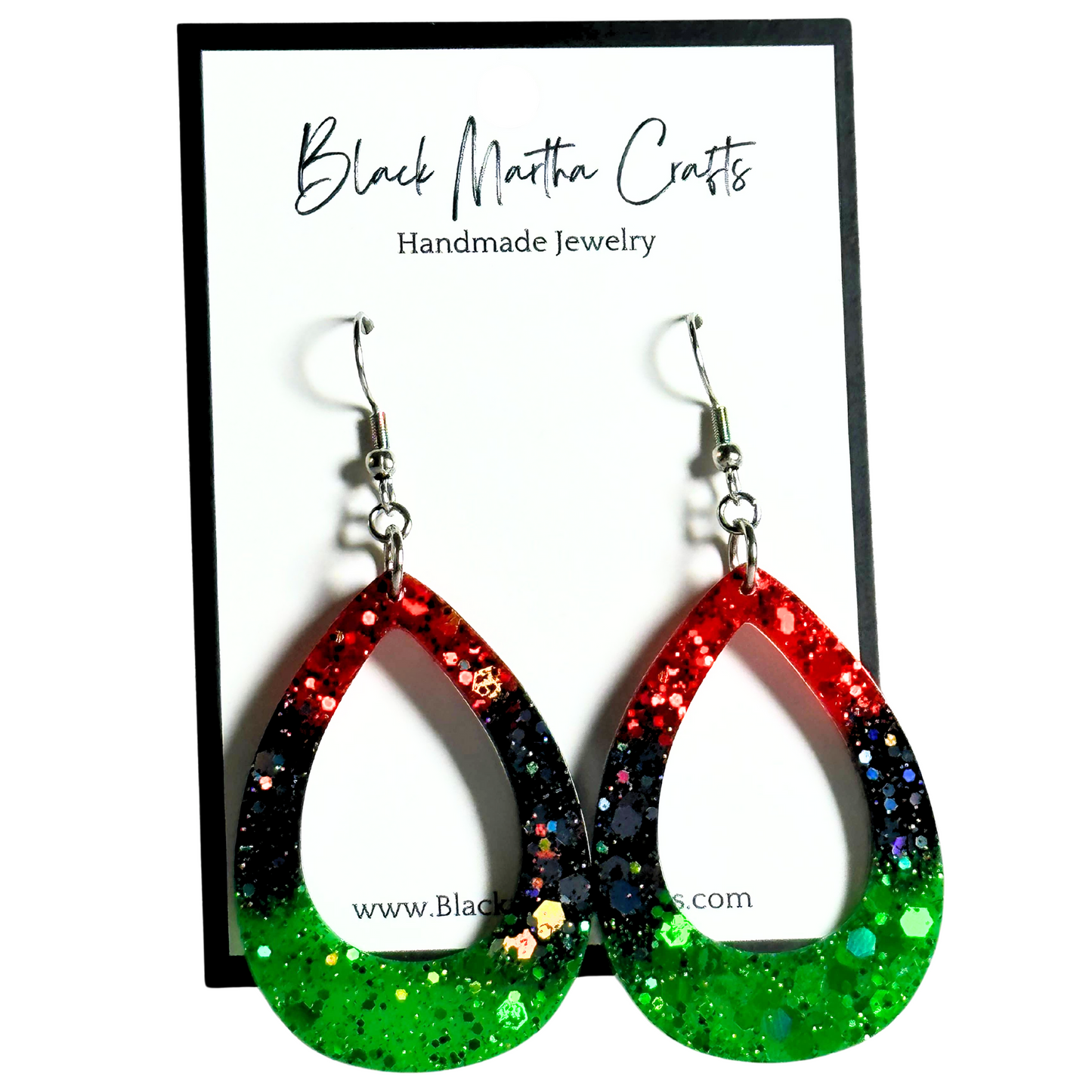 Red, Black, and Green Resin Dangle Earrings: Teardrop