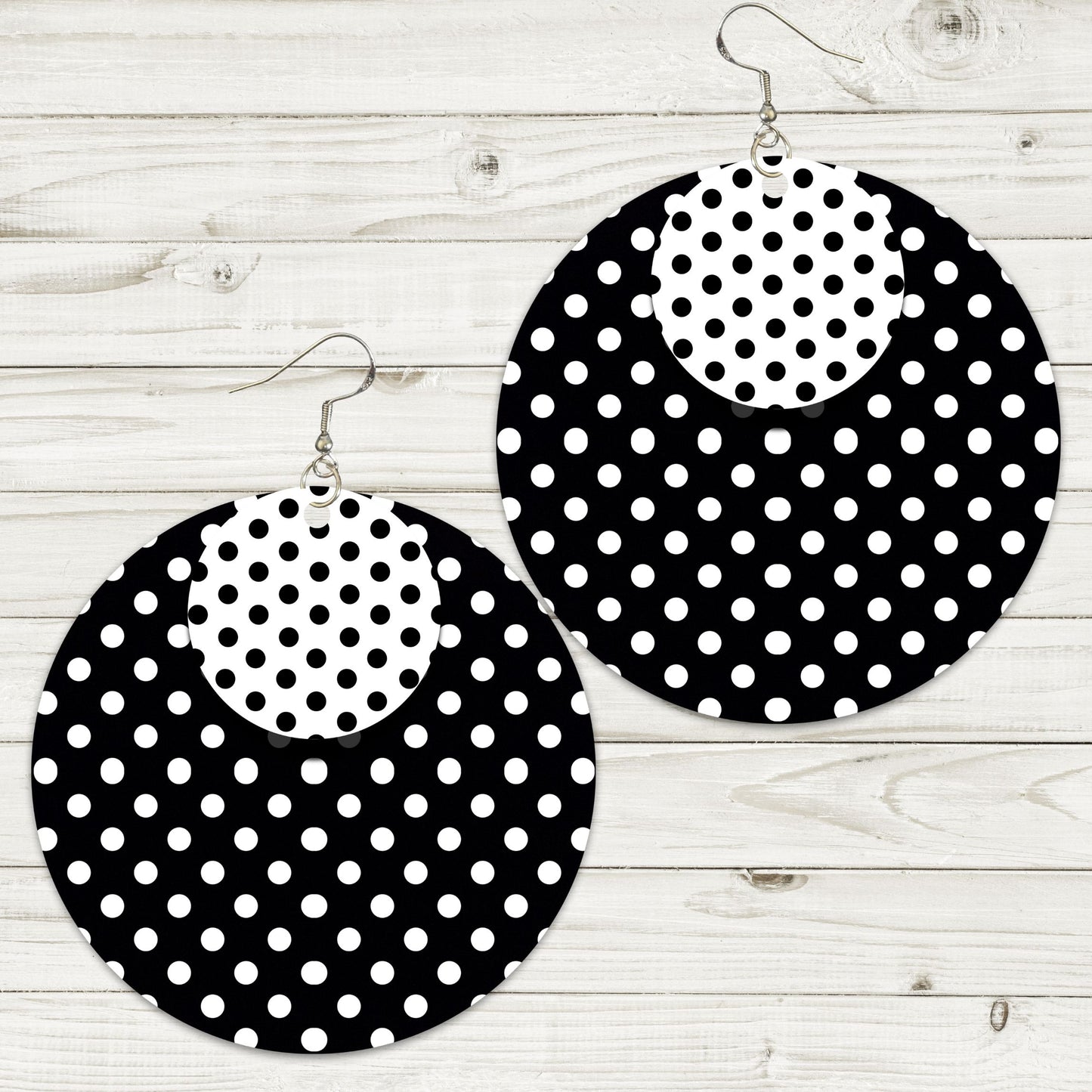 Black and White Polka Dot Earrings - 2" Circle - Hand-painted Wood