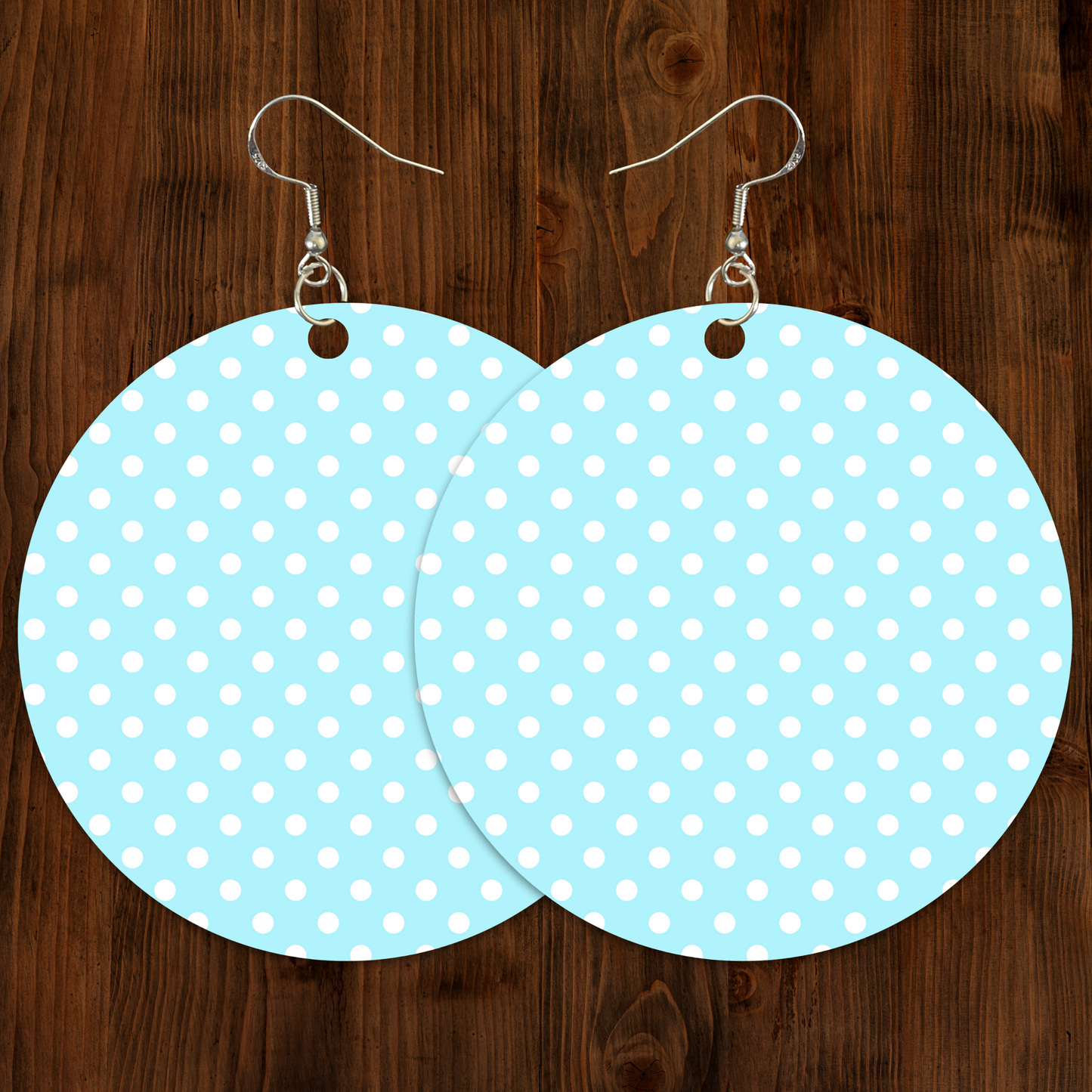 Light Blue & White Polka Dot Earrings - 2" Circle - Hand-painted Wood