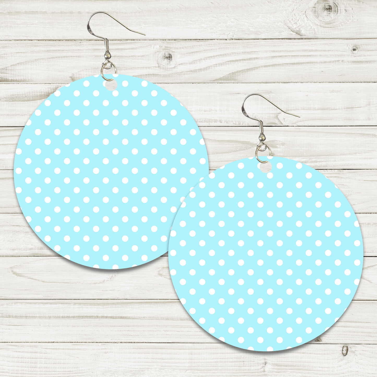 Light Blue & White Polka Dot Earrings - 2" Circle - Hand-painted Wood