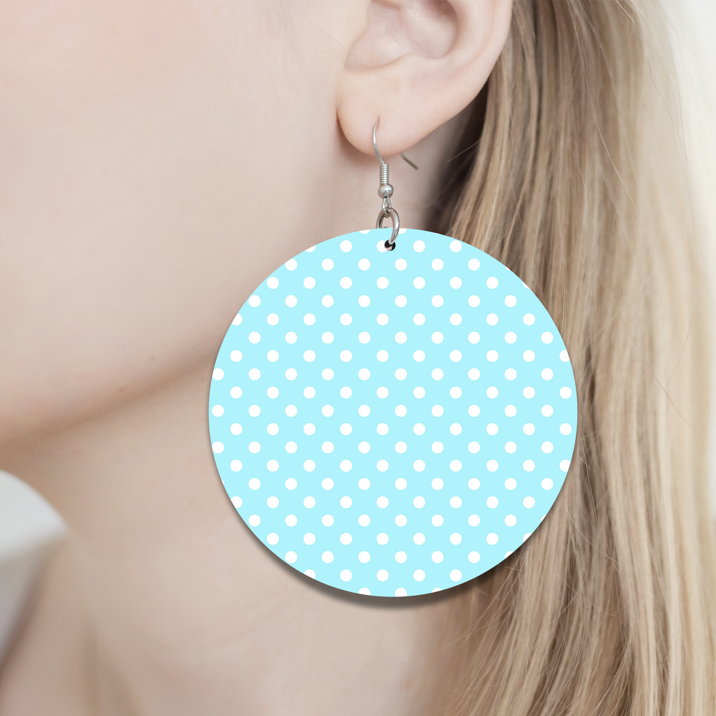 Light Blue & White Polka Dot Earrings - 2" Circle - Hand-painted Wood