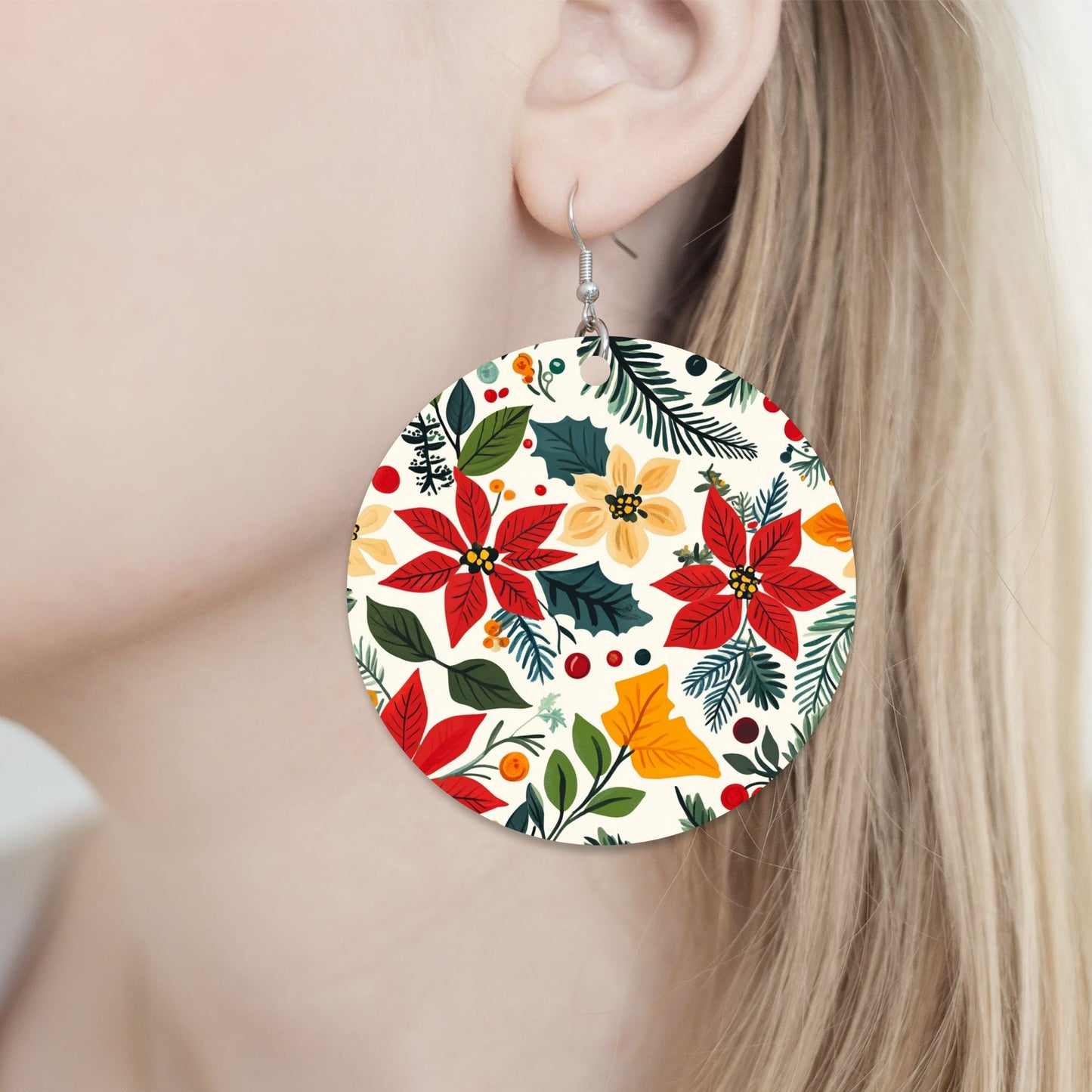 Deck the Halls Earrings - 2" Circle - Hand-painted Wood