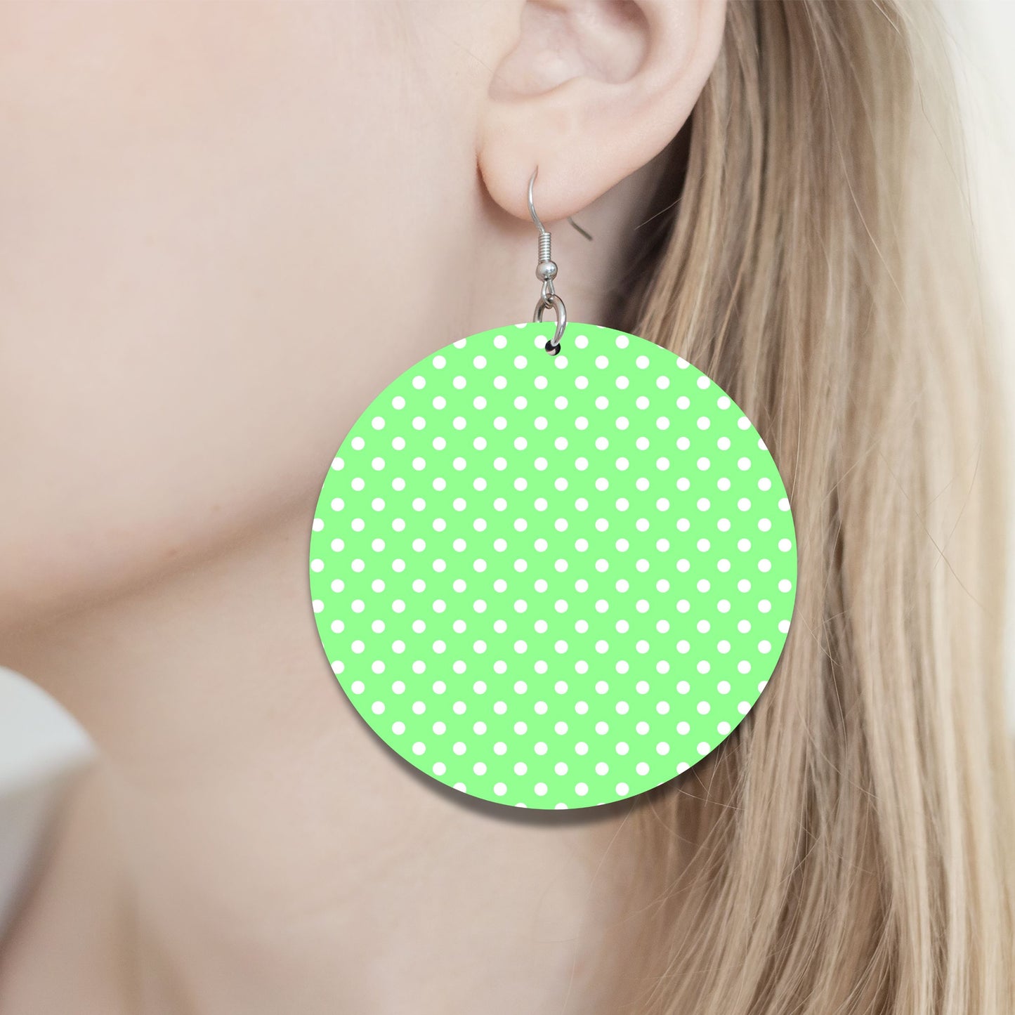 Mint Green Polka Dot Earrings - 2" Circle - Painted Wood