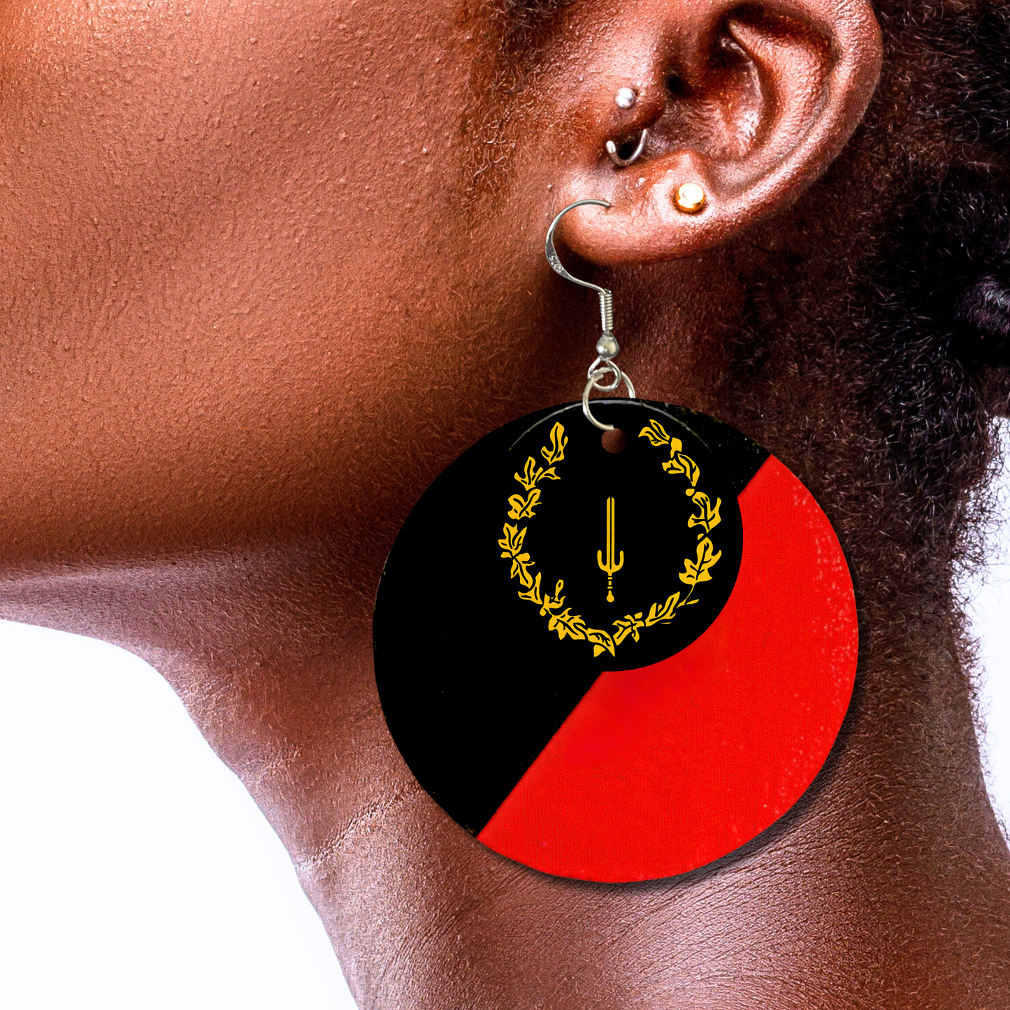 Black American Heritage Flag Earrings - 2" Circle - Hand-painted Wood