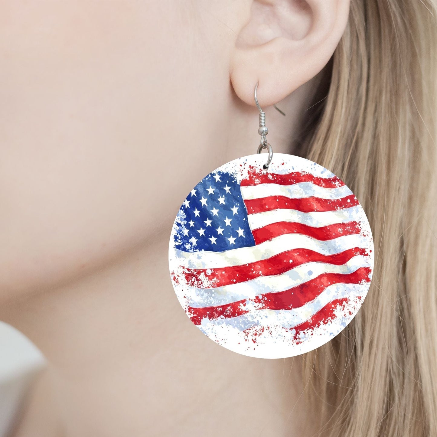 American Flag Earrings - 2" Circle - Hand-painted Wood