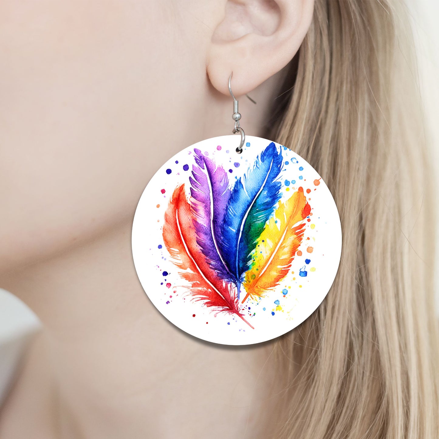 Plume Pallette - Rainbow Feathers Earrings - 2" Circle - Hand-painted Wood