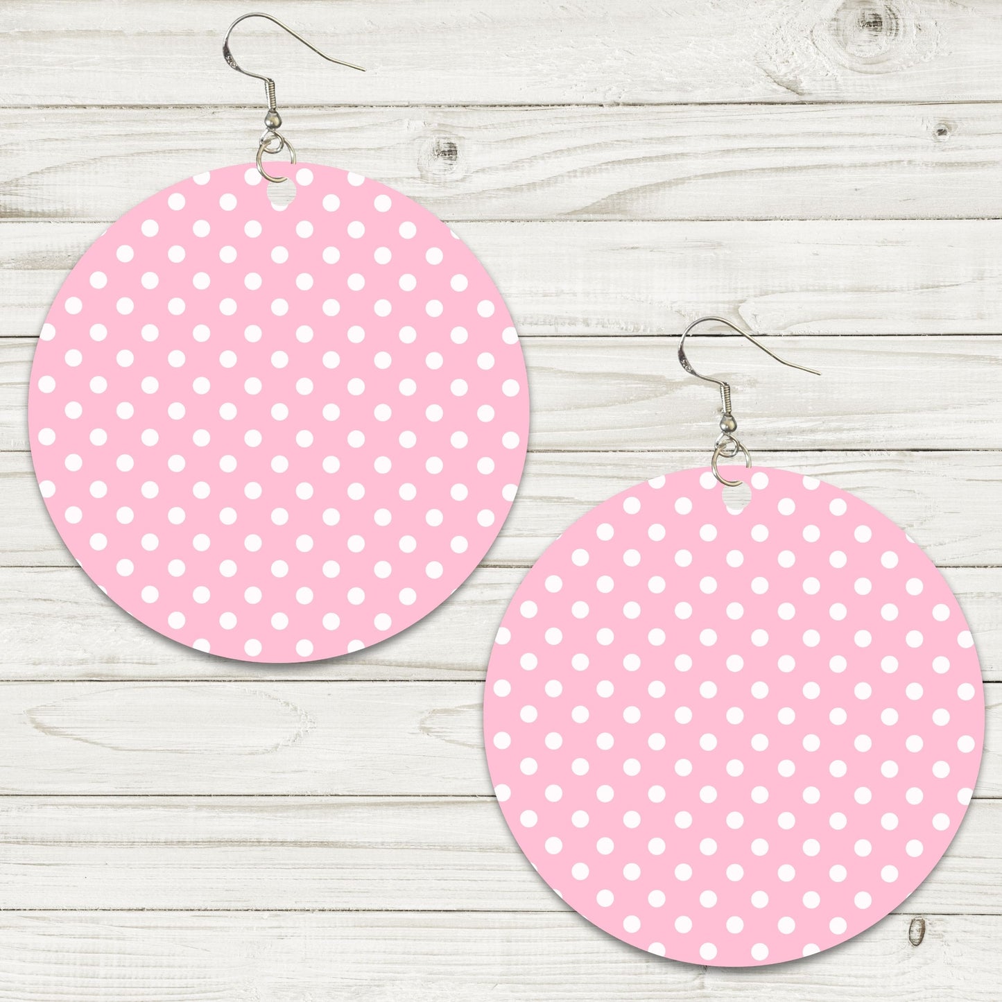 Pink & White Polka Dot Earrings - 2" Circle - Painted Wood