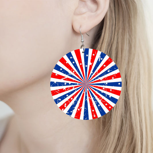 Red, White, and Blue Earrings - 2" Circle - Hand-painted Wood